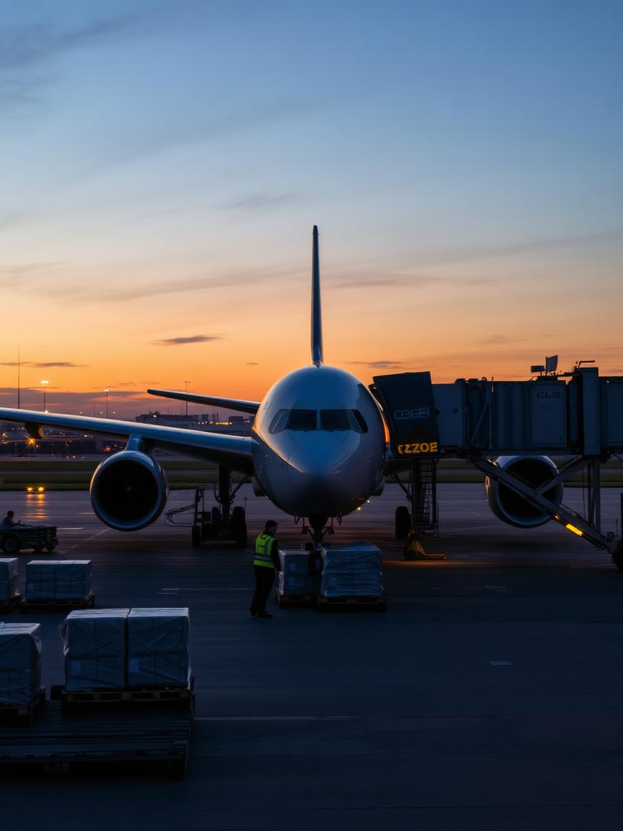 Cargo plane being loaded at airport at dusk