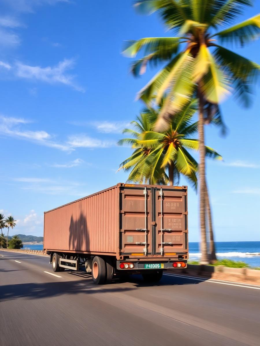 Container truck on coastal highway in Sri Lanka